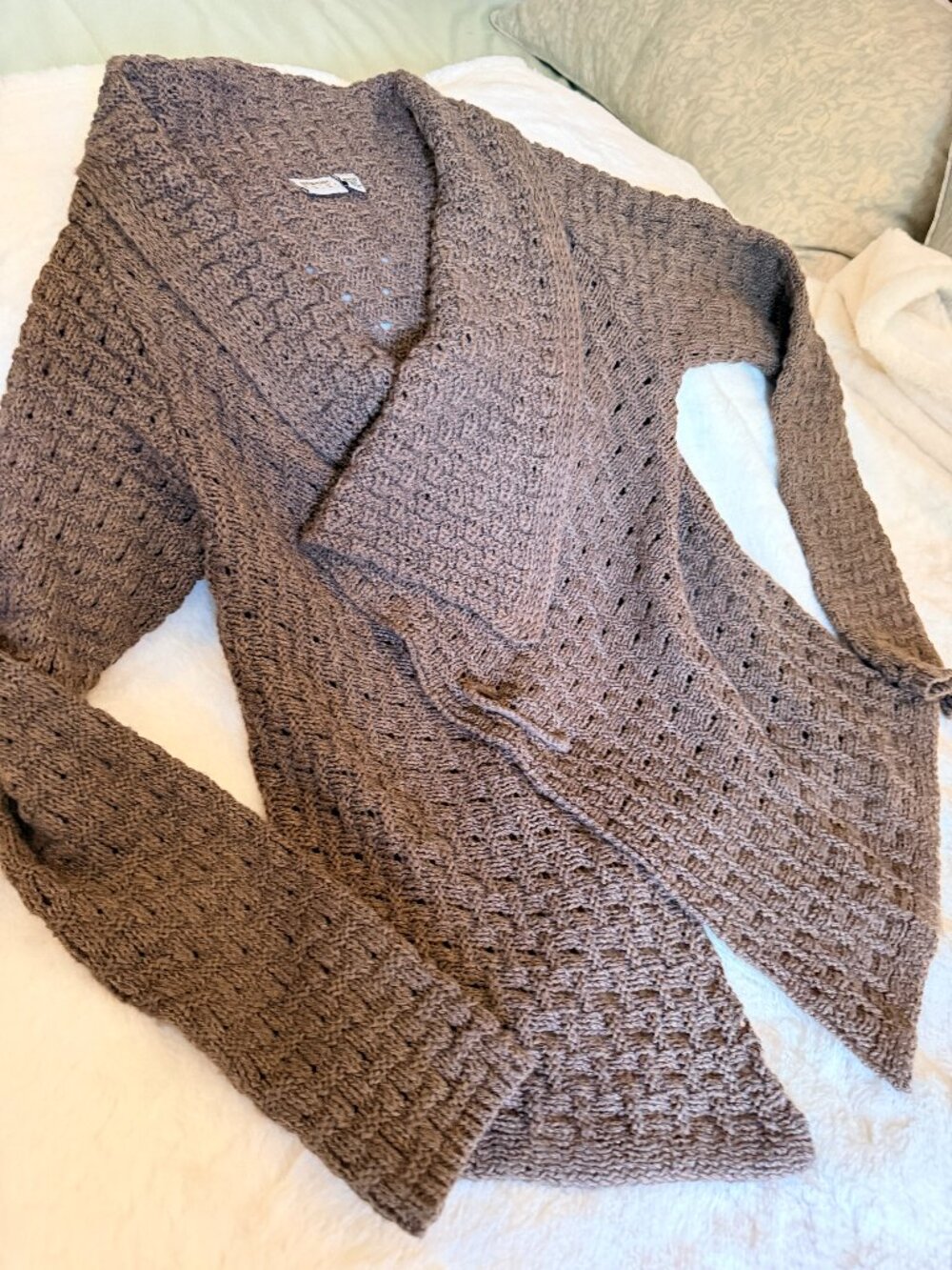 Stylish & Cozy Esprit Open Basket Weave Shawl Collar Cardigan Sweater Olive